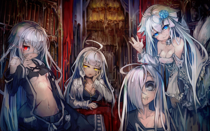 4girls ahoge bangs bare_shoulders bell bell_choker blue_eyes blurry blurry_background breasts choker cleavage dress eyebrows_visible_through_hair eyepatch flower grey_eyes hair_flower hair_ornament hair_over_one_eye highres indoors kajaneko long_hair looking_at_viewer medium_breasts multiple_girls navel open_mouth original pale_skin red_eyes scar small_breasts smile stitched_mouth stitches strapless strapless_dress white_hair yellow_eyes zombie