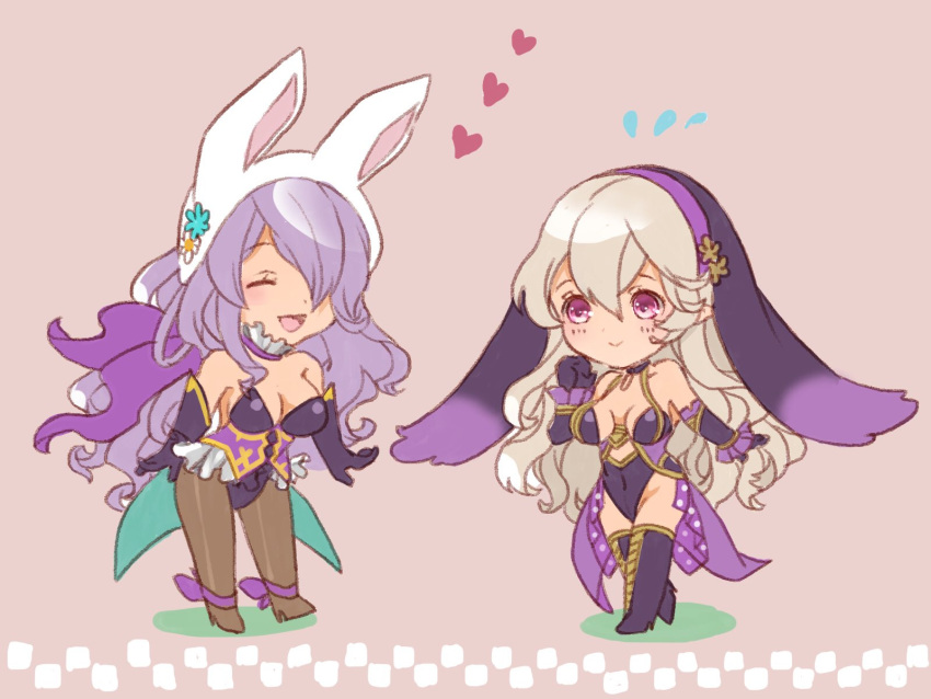 2girls animal_ears breasts bunny_tail camilla_(fire_emblem_if) chibi cleavage female_my_unit_(fire_emblem_if) fire_emblem fire_emblem_heroes fire_emblem_if gloves hair_between_eyes hair_ornament hair_over_one_eye hairband highres jewelry large_breasts lips long_hair mamkute multiple_girls my_unit_(fire_emblem_if) nintendo open_mouth pointy_ears purple_hair rabbit_ears red_eyes renkonmatsuri silver_hair smile tail thighs very_long_hair violet_eyes wavy_hair white_hair