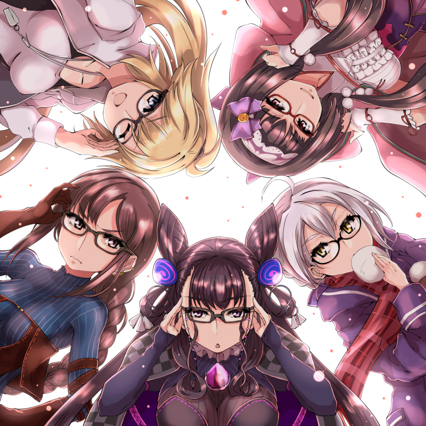 5girls :d adjusting_eyewear ahoge artoria_pendragon_(all) black_hair blonde_hair blue_eyes bodysuit braid breasts brown_eyes brown_hair collarbone commentary_request consort_yu_(fate) double_bun eating elbow_gloves fate/grand_order fate_(series) glasses gloves grimjin hairband highres hood jeanne_d'arc_(fate)_(all) jeanne_d'arc_(swimsuit_archer) large_breasts long_braid looking_at_viewer medium_breasts multiple_girls murasaki_shikibu_(fate) mysterious_heroine_x_(alter) one_eye_closed open_mouth osakabe-hime_(fate/grand_order) ponytail purple_hair silver_hair single_braid smile striped_bodysuit swimsuit violet_eyes whistle whistle_around_neck yellow_eyes