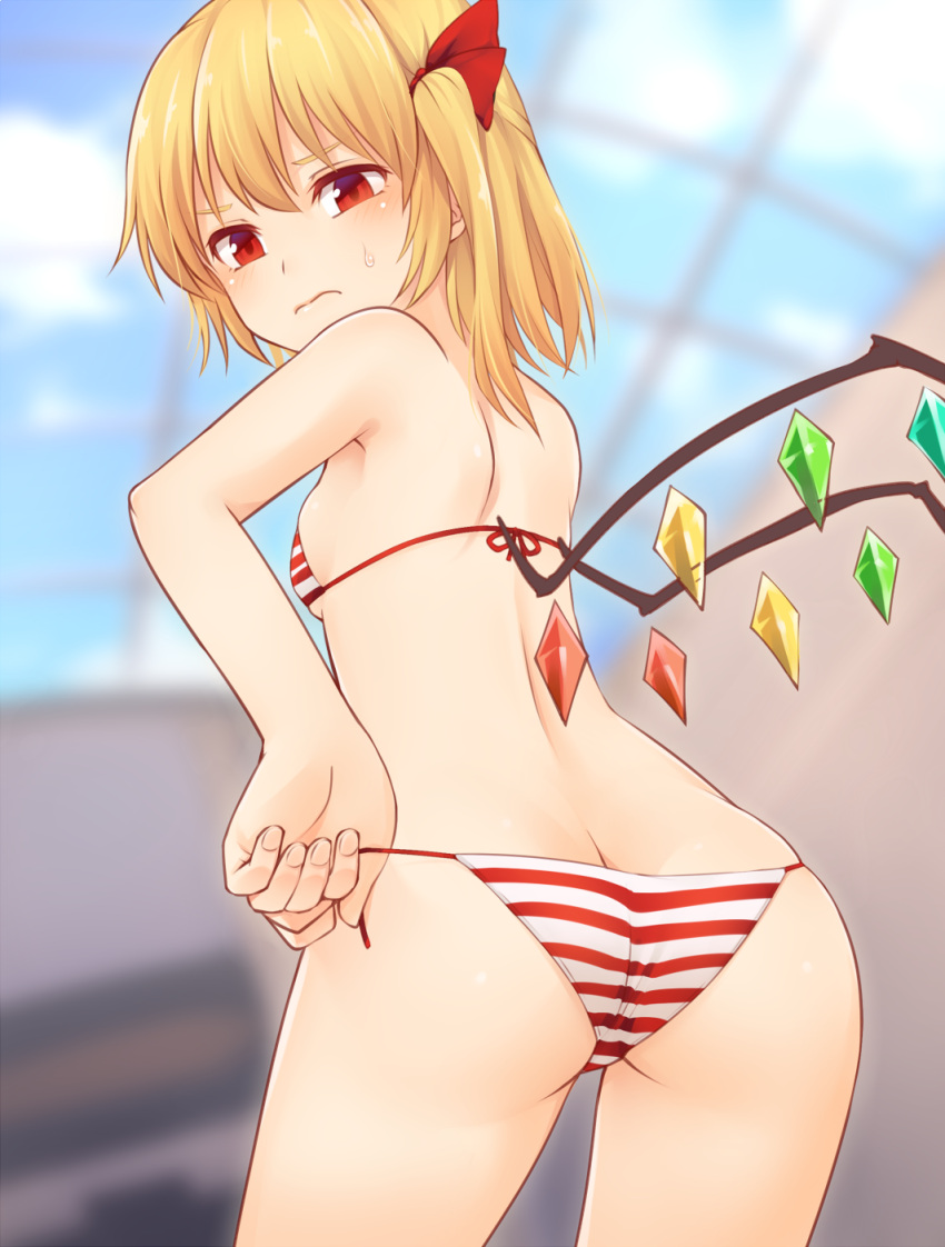 1girl ass bangs bare_arms bare_shoulders bikini blonde_hair blue_sky blurry blurry_background blush breasts butt_crack commentary_request cowboy_shot crystal day eyebrows_visible_through_hair flandre_scarlet from_behind hair_between_eyes hair_ribbon highres indoors looking_back miyo_(ranthath) no_hat no_headwear one_side_up red_bikini red_eyes red_ribbon ribbon short_hair sky small_breasts solo standing striped striped_bikini sweat swimsuit thighs touhou white_bikini wings