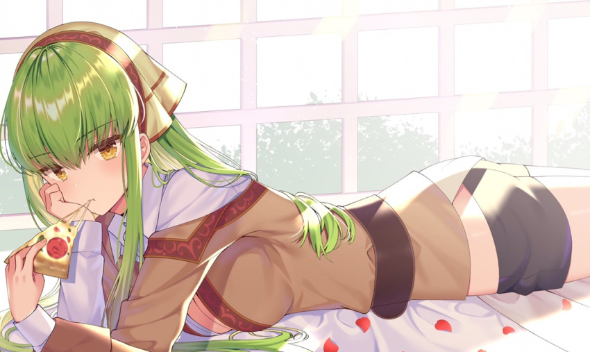 1girl :t bangs bed bed_sheet belt black_shorts blush breasts brown_shirt c.c. cheese cleavage closed_mouth code_geass collared_shirt eating eyebrows_visible_through_hair food green_hair hand_on_own_cheek head_scarf headdress holding holding_food indoors izumo_neru large_breasts long_hair long_sleeves looking_at_viewer lying medium_breasts off_shoulder on_bed on_stomach petals pizza school_uniform shirt short_shorts shorts sidelocks solo sunlight thighs white_shirt window wing_collar yellow_eyes