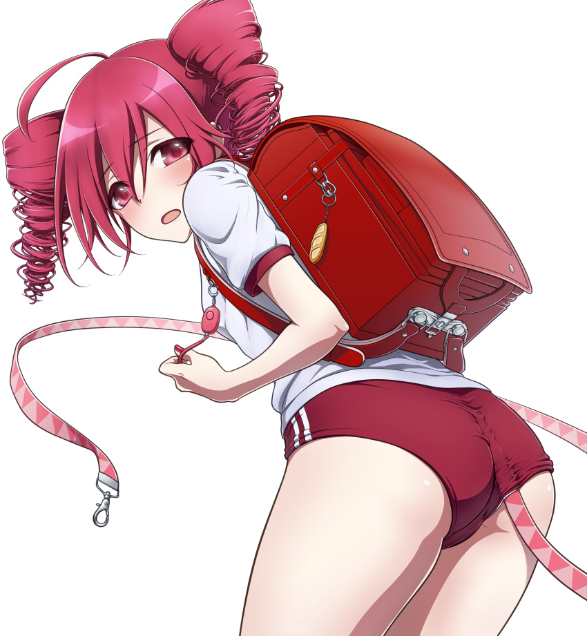 02g9 1girl absurdres alternate_costume ass backpack bag blush commentary_request cowboy_shot drill_hair embarrassed from_behind hair_between_eyes highres kasane_teto leaning_forward medium_hair open_mouth red_eyes redhead shirt simple_background solo sportswear tail thighs twin_drills utau white_background white_shirt