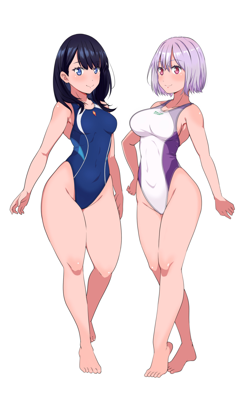 2girls absurdres aiuchi bangs bare_legs black_hair blue_eyes blue_swimsuit blush breasts closed_mouth commentary_request competition_swimsuit covered_navel eyebrows_visible_through_hair full_body highleg highres large_breasts lavender_hair long_hair medium_breasts multiple_girls one-piece_swimsuit red_eyes shinjou_akane shiny shiny_hair shiny_skin short_hair simple_background ssss.gridman standing straight_hair swimsuit takarada_rikka thighs white_background white_swimsuit wide_hips