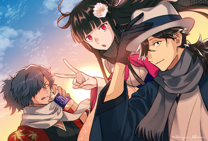 1girl 2boys :o bangs black_hair black_scarf blue_sky blunt_bangs bow can character_request clouds dutch_angle fate/grand_order fate_(series) flower grey_kimono grey_scarf hair_bow hair_flower hair_ornament hair_over_one_eye holding holding_can japanese_clothes kimono long_sleeves looking_at_viewer meiji_ken multiple_boys ponytail red_eyes scarf sky tongue tongue_out twitter_username v white_bow white_flower white_scarf wide_sleeves