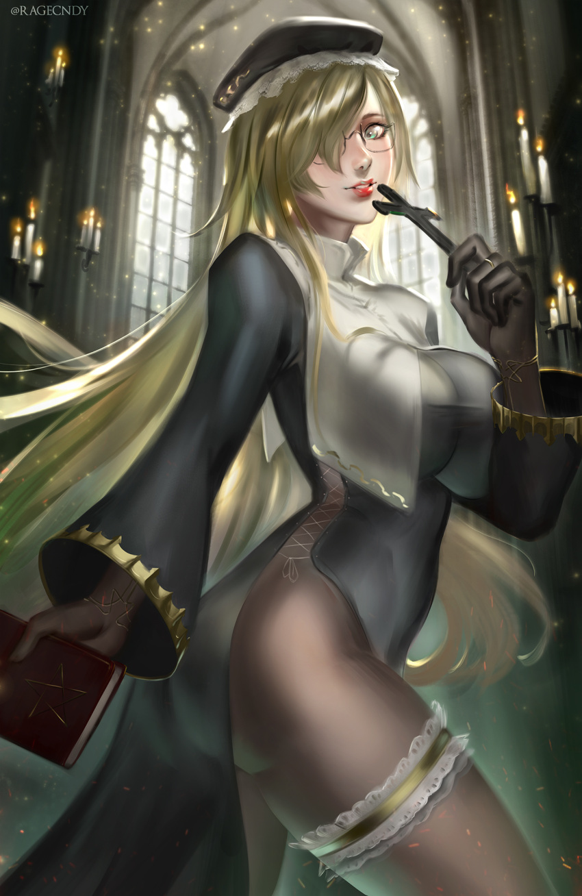 1girl black_hair blonde_hair bloodstained:_ritual_of_the_night blue_eyes bodysuit breasts coat dominique_(bloodstained) garters glasses hair_over_one_eye hat highres large_breasts long_hair long_sleeves looking_at_viewer pantyhose ragecndy smile solo transparent_background