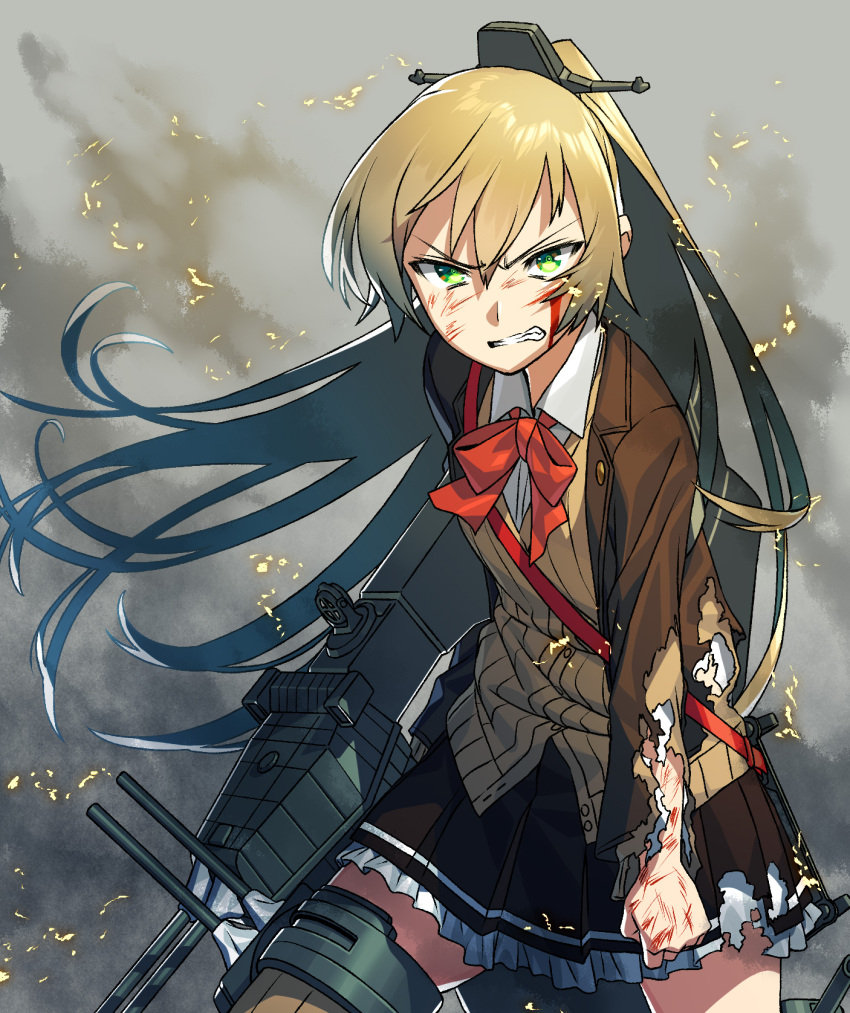1girl ascot bangs blazer blew_andwhite blood blood_on_face brown_hair brown_legwear brown_skirt clenched_teeth damaged furrowed_eyebrows green_eyes hair_between_eyes hair_ornament hairclip high_ponytail highres jacket kantai_collection kumano_(kantai_collection) long_hair long_sleeves machinery outdoors pleated_skirt ponytail red_neckwear remodel_(kantai_collection) rigging school_uniform scratches skirt smoke solo teeth torn_clothes