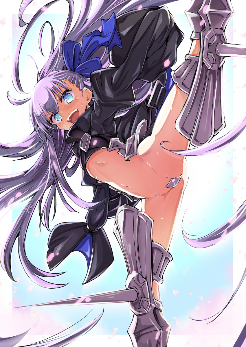 absurdres armored_boots baba_(baba_seimaijo) blue_eyes blue_ribbon boots commentary_request crotch_plate fate/extra fate/extra_ccc fate_(series) hair_ribbon highres juliet_sleeves long_hair long_sleeves meltlilith navel open_mouth puffy_sleeves purple_hair revealing_clothes ribbon sleeves_past_fingers sleeves_past_wrists spikes spread_legs sweat very_long_hair