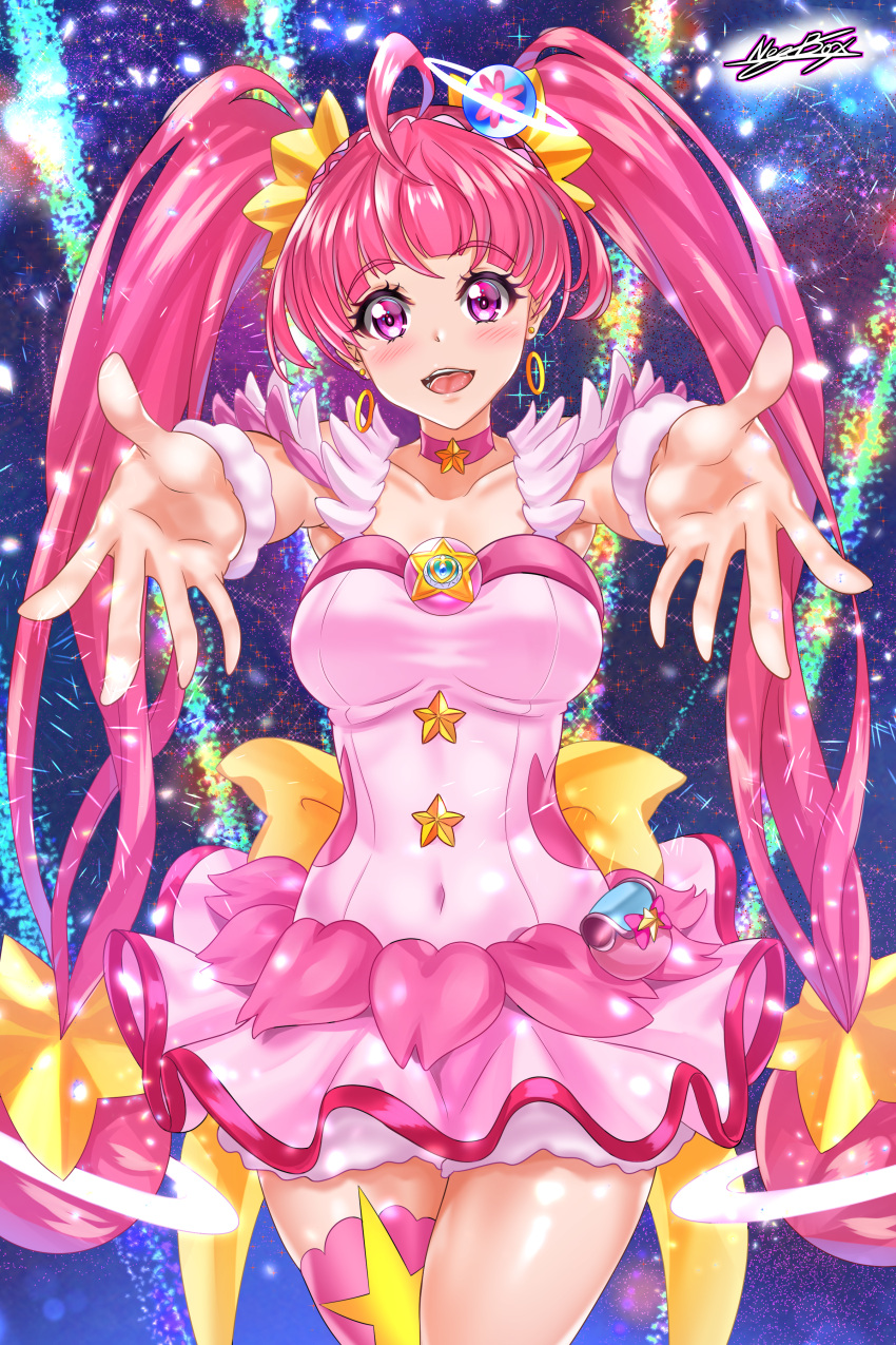 1girl :d abstract_background absurdres ahoge back_bow bow choker collarbone cowboy_shot cure_star dress hair_ornament highres hoshina_hikaru long_hair looking_at_viewer magical_girl nez-kun open_mouth outstretched_hand pink_dress pink_eyes pink_hair pink_legwear pink_neckwear precure single_thighhigh smile solo standing star star_choker star_hair_ornament star_twinkle_precure thigh-highs twintails yellow_bow