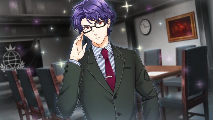 1boy adjusting_eyewear alternate_costume alternate_hairstyle asymmetrical_bangs bangs bespectacled dutch_angle eyebrows_visible_through_hair formal game_cg glasses highres indoors male_focus necktie non-web_source official_art purple_hair rapp_(senjuushi) red_eyes red_neckwear senjuushi:_the_thousand_noble_musketeers shirt short_hair solo sparkle striped striped_shirt suit vertical-striped_shirt vertical_stripes