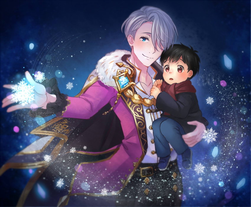 2boys black_hair blue_eyes brown_eyes cape carrying child fur_trim hair_over_one_eye katsuki_yuuri male_focus multiple_boys scarf shingeki_no_bahamut silver_hair smile snowflakes time_paradox twc_(p-towaco) viktor_nikiforov younger yuri!!!_on_ice