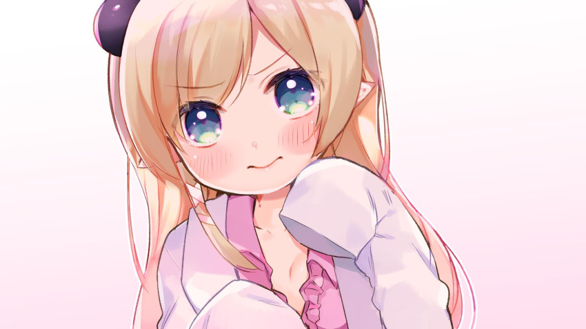 1girl bangs blonde_hair blush close-up closed_mouth frown green_eyes highres hololive horns jacket labcoat long_hair long_sleeves looking_at_viewer masuishi_kinoto open_collar pink_background pink_shirt pointy_ears shirt simple_background sleeves_past_fingers sleeves_past_wrists solo swept_bangs virtual_youtuber yuzuki_choco