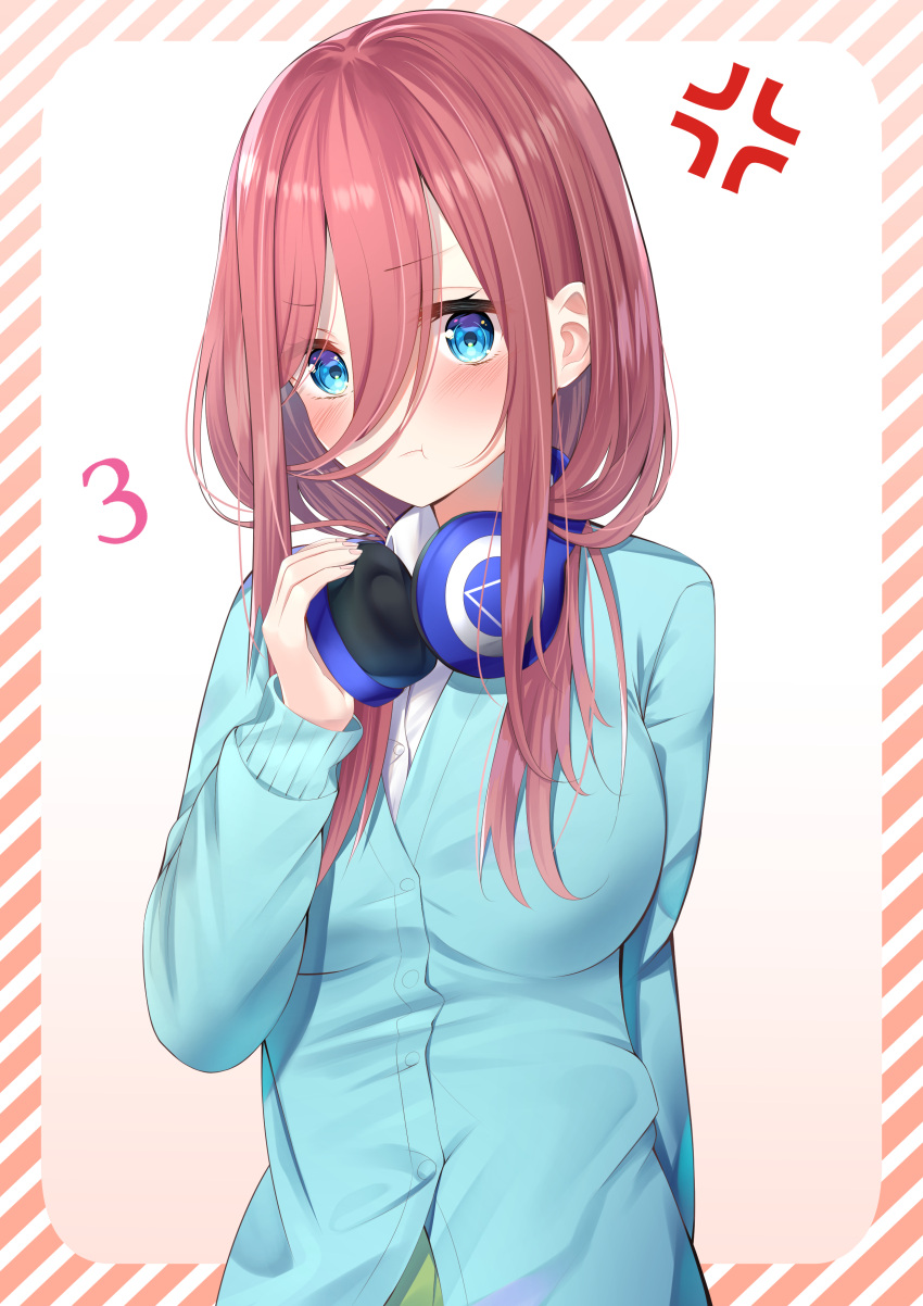 1girl :t absurdres anger_vein arm_behind_back blue_cardigan blue_hair blush border breasts closed_mouth commentary_request go-toubun_no_hanayome hair_between_eyes highres large_breasts long_hair long_sleeves looking_at_viewer nakano_miku nari_(narikashi) number pout purple_hair school_uniform shirt sidelocks simple_background solo striped_border upper_body white_background white_shirt