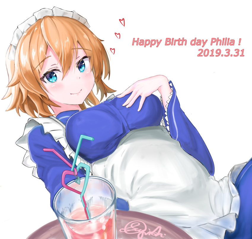 1girl absurdres apron blue_dress blue_eyes blush breasts commentary_request dated dress drinking_straw eyebrows_visible_through_hair from_below glass hand_on_own_breast happy_birthday headdress highres holding large_breasts looking_at_viewer maid maid_headdress philia_(sao) short_hair simple_background smile solo sugi-shi_(user_mwkp7542) sword_art_online upper_body white_apron white_background white_headdress