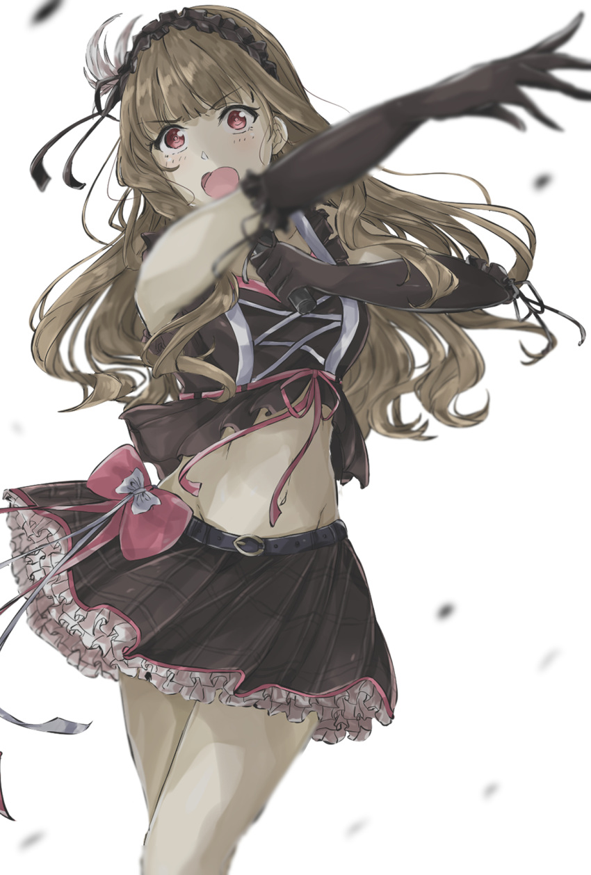 1girl bangs black_gloves black_ribbon bow brown_hair brown_skirt crop_top duffy elbow_gloves eyebrows_visible_through_hair feathers floating_hair gloves groin hair_feathers hair_ribbon headdress highres holding holding_microphone idolmaster idolmaster_cinderella_girls kamiya_nao layered_skirt long_hair looking_at_viewer microphone midriff miniskirt music navel open_mouth outstretched_arm pink_bow pink_ribbon plaid plaid_skirt red_eyes ribbon simple_background singing skirt solo standing stomach very_long_hair white_background white_feathers