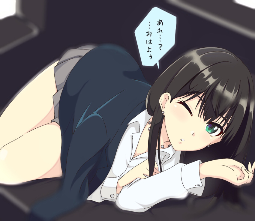 1girl black_hair black_sweater breasts cleavage collared_shirt couch dress_shirt earrings green_eyes grey_skirt highres idolmaster idolmaster_cinderella_girls indoors jewelry long_hair long_sleeves looking_at_viewer lying medium_breasts miniskirt on_side one_eye_closed parted_lips pleated_skirt school_uniform shibuya_rin shiki_(0802makimari) shiny shiny_hair shirt skirt solo speech_bubble sweater sweater_removed under_covers white_shirt wing_collar
