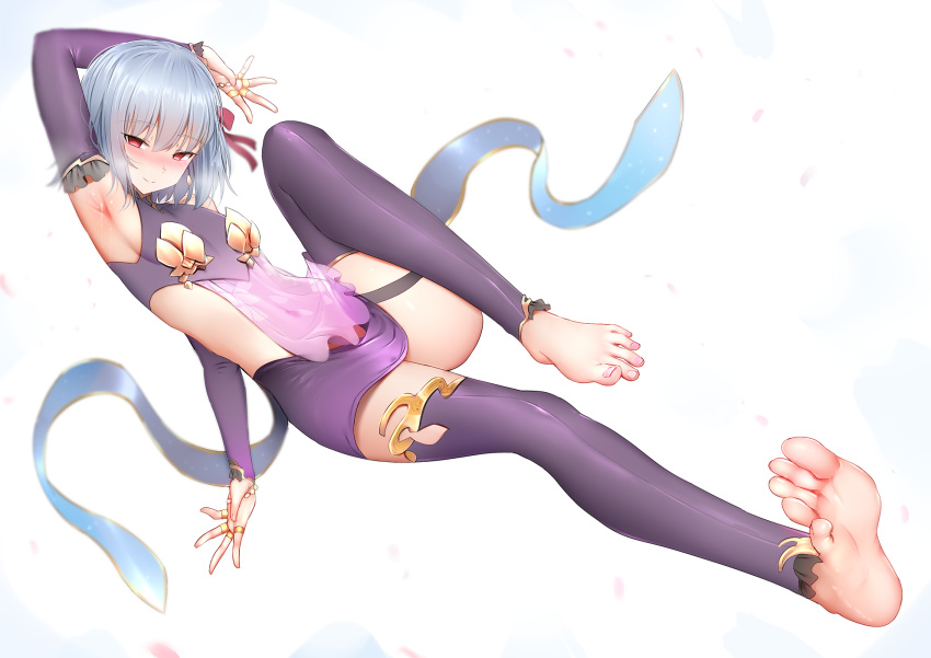 1girl arm_up armpits bangs bare_shoulders barefoot blush breasts closed_mouth covered_navel detached_sleeves dress earrings fate/grand_order fate_(series) ginhaha hair_between_eyes hair_ribbon highres jewelry kama_(fate/grand_order) knee_up legs looking_at_viewer purple_dress purple_legwear red_eyes ribbon ring sash short_hair silver_hair simple_background smile solo thigh-highs thigh_strap thighs white_background