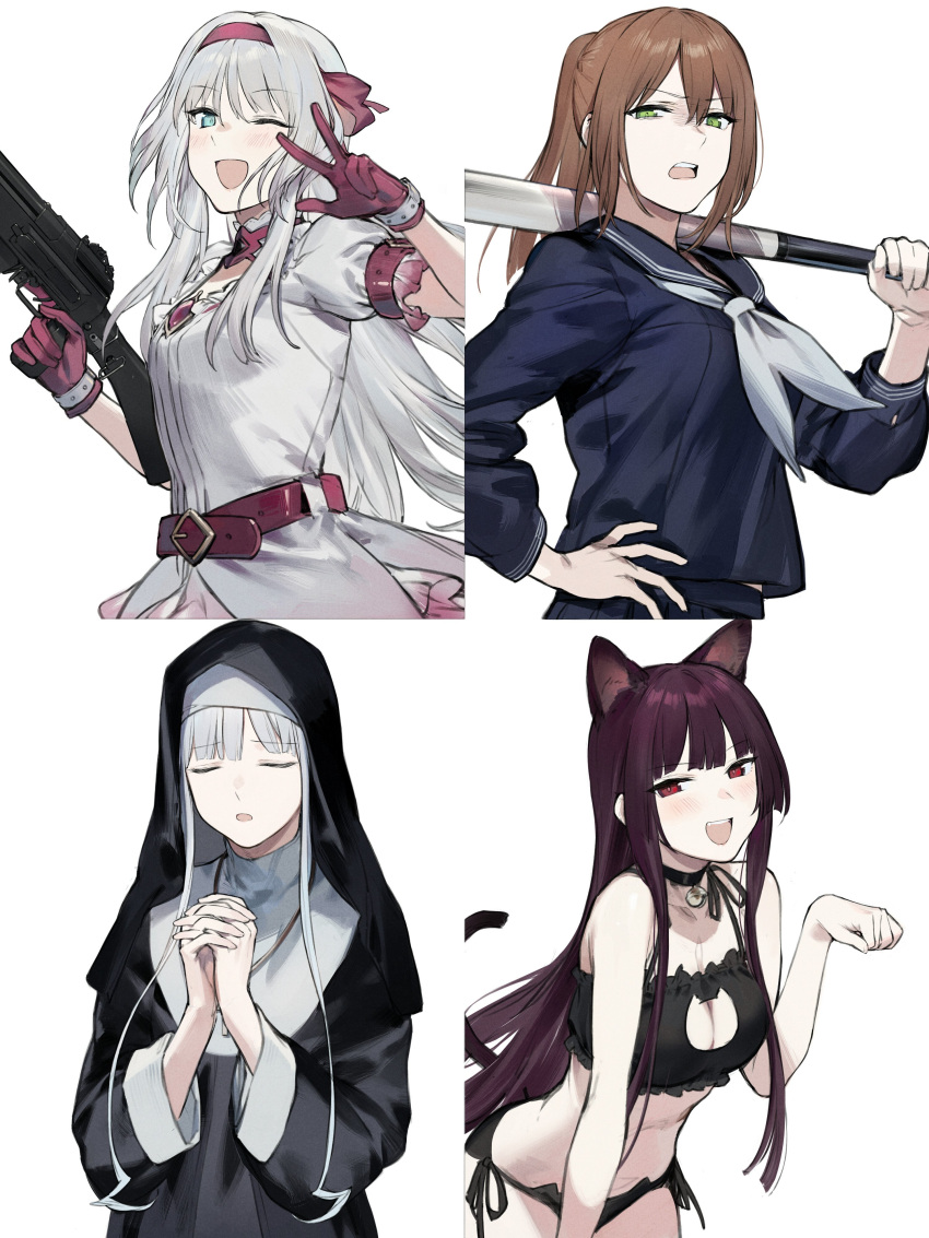 4girls absurdres ak-12_(girls_frontline) alternate_costume an-94 an-94_(girls_frontline) animal_ears assault_rifle bangs bell bell_choker bra brown_hair cat_ears cat_lingerie cat_tail choker closed_eyes duoyuanjun girls_frontline gloves green_eyes gun hair_between_eyes hands_clasped highres holding holding_baseball_bat holding_gun holding_weapon long_hair long_sleeves m1903_springfield_(girls_frontline) meme_attire multiple_girls nun one_eye_closed open_mouth own_hands_together panties puffy_short_sleeves puffy_sleeves purple_hair red_gloves rifle school_uniform short_sleeves simple_background tail teeth underwear violet_eyes wa2000_(girls_frontline) weapon white_background white_hair