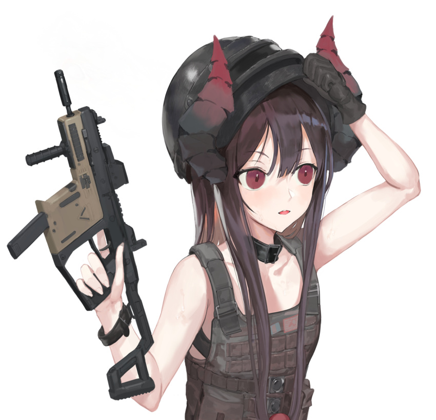 1girl arm_up bangosu bangs bare_arms bare_shoulders black_gloves brown_hair collarbone commentary_request copyright_request curled_horns demon_horns eyebrows_visible_through_hair fingernails gloves gun hair_between_eyes holding holding_gun holding_weapon horns long_hair looking_away mask mask_on_head open_mouth playerunknown's_battlegrounds red_eyes round_teeth simple_background single_glove solo teeth trigger_discipline upper_body upper_teeth v-shaped_eyebrows very_long_hair virtual_youtuber weapon weapon_request white_background