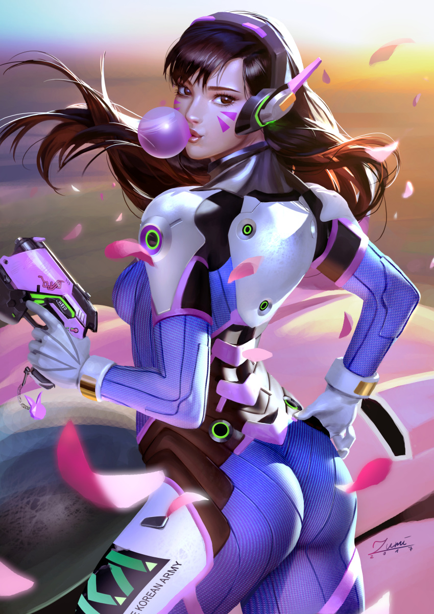 1girl acronym animal_print bangs banned_artist blue_bodysuit bodysuit breasts brown_eyes brown_hair bubble_blowing bunny_print charm_(object) chewing_gum d.va_(overwatch) facepaint facial_mark female from_behind gloves gun handgun headphones high_collar holding holding_gun holding_weapon lips long_hair looking_at_viewer looking_back mecha meka_(overwatch) overwatch patreon_reward petals pilot_suit pink_lips pistol ribbed_bodysuit shoulder_pads skin_tight solo swept_bangs text_on_clothes trigger_discipline weapon whisker_markings white_gloves zumi_(zumidraws)