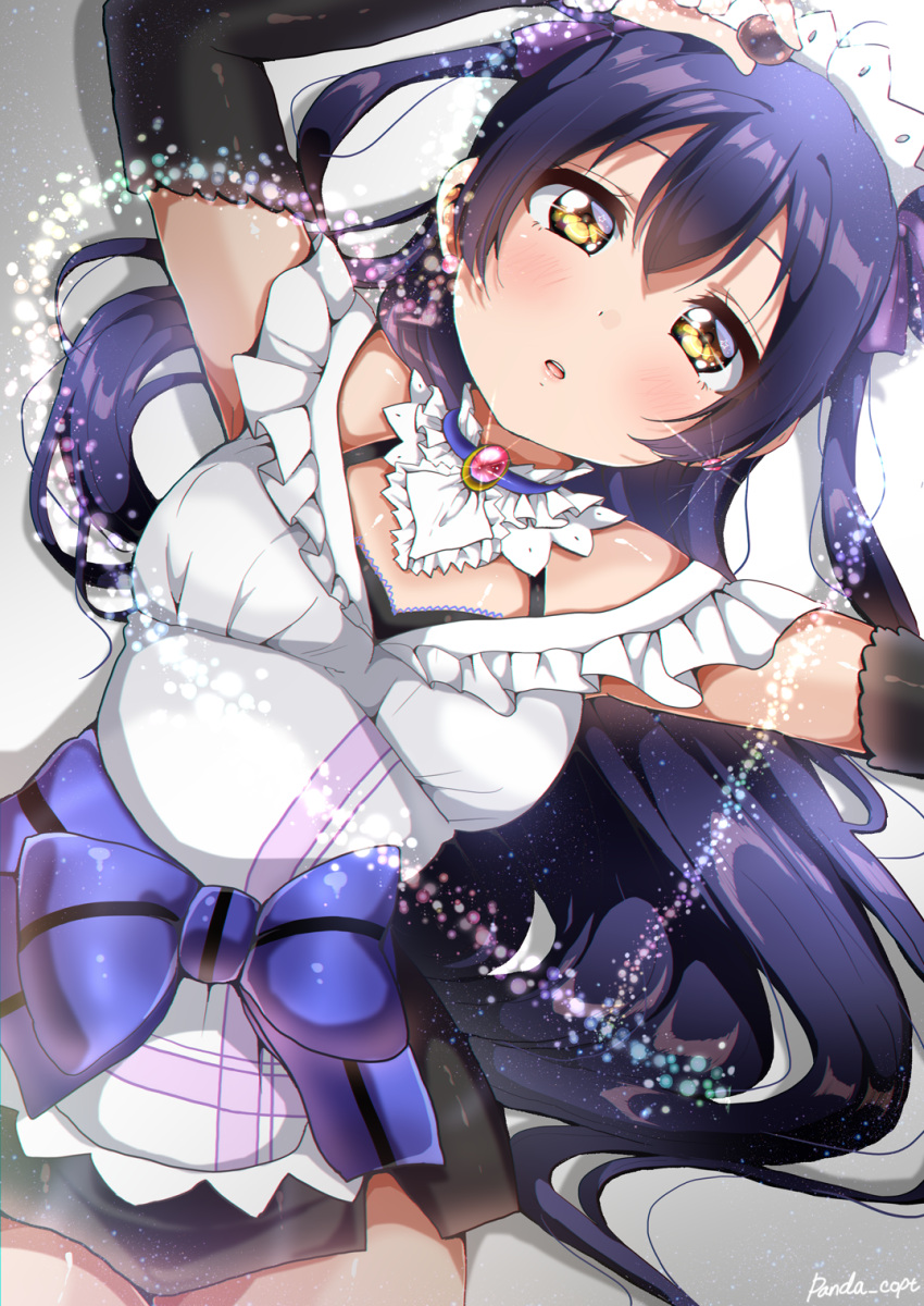 1girl apron armpit_peek arms_up bangs blue_hair commentary_request detached_sleeves earrings hair_between_eyes highres jewelry long_hair looking_at_viewer love_live! love_live!_school_idol_project lying maid maid_apron maid_headdress mogyutto_"love"_de_sekkin_chuu! on_back panda_copt parted_lips ribbon simple_background solo sonoda_umi yellow_eyes