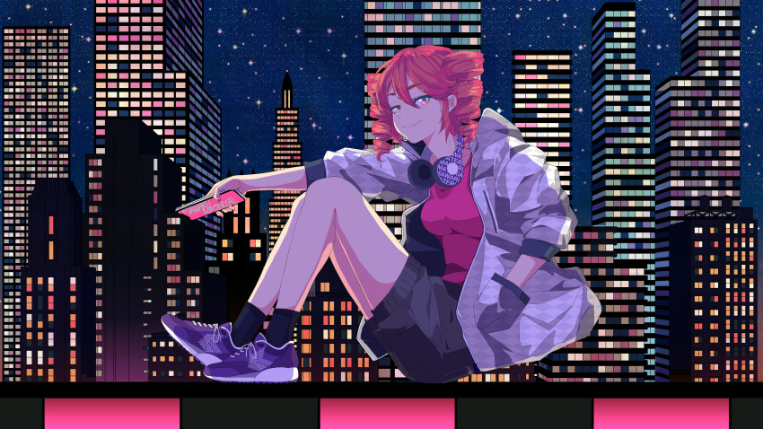 1girl absurdres black_legwear building casual cityscape full_body half-closed_eyes hand_in_pocket headphones headphones_around_neck highres holding holding_phone jacket kasane_teto knees_up ktdch looking_to_the_side night phone red_eyes red_shirt redhead shirt shoes shorts sitting sky skyscraper smile sneakers solo star_(sky) starry_sky utau