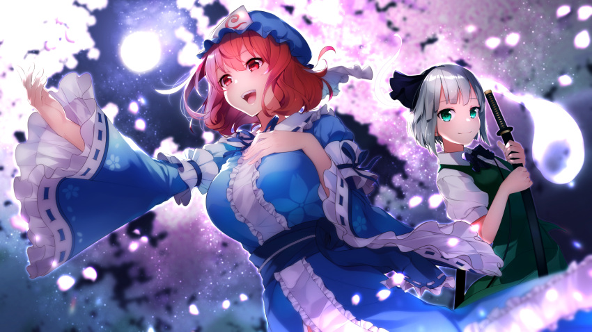 2girls arm_up aura bangs black_neckwear blue_headwear blue_kimono blue_neckwear blue_ribbon blunt_bangs blurry_foreground blush bob_cut bon_(bonbon315) bow bowtie breasts cherry_blossoms collared_shirt commentary_request dutch_angle flat_chest floral_print frilled_kimono frilled_sleeves frills full_moon green_eyes green_skirt green_vest hair_between_eyes hand_on_own_chest hand_up hat highres holding holding_sword holding_weapon japanese_clothes kimono konpaku_youmu konpaku_youmu_(ghost) large_breasts light_smile long_sleeves looking_afar looking_at_viewer mob_cap moon moonlight multiple_girls music night night_sky obi open_mouth outstretched_arm petals pink_eyes pink_hair puffy_short_sleeves puffy_sleeves reflective_eyes ribbon ribbon-trimmed_collar ribbon-trimmed_sleeves ribbon_trim saigyouji_yuyuko sash scabbard sheath sheathed shiny shiny_hair shirt short_hair short_sleeves singing skirt skirt_set sky smile star_(sky) starry_sky sword teeth touhou tree triangular_headpiece veil vest weapon white_shirt wide_sleeves wind