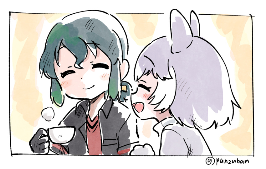 2girls :d ^_^ animal_ears artist_name black_gloves black_jacket closed_eyes closed_eyes commentary_request cup dog_(kemono_friends) dog_ears eyebrows_visible_through_hair facing_another gloves green_hair grey_hair holding holding_cup jacket kaban_(kemono_friends) kemono_friends long_hair medium_hair multiple_girls open_mouth panzuban red_shirt shirt sketch smile twitter_username