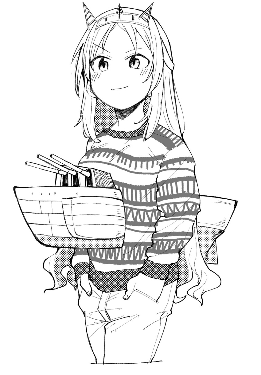 1girl alternate_costume cannon commentary_request cowboy_shot greyscale hairband hands_in_pockets headgear highres kantai_collection long_hair long_sleeves machinery maku-raku monochrome nelson_(kantai_collection) no_nose pants print_sweater smile solo sweater turret