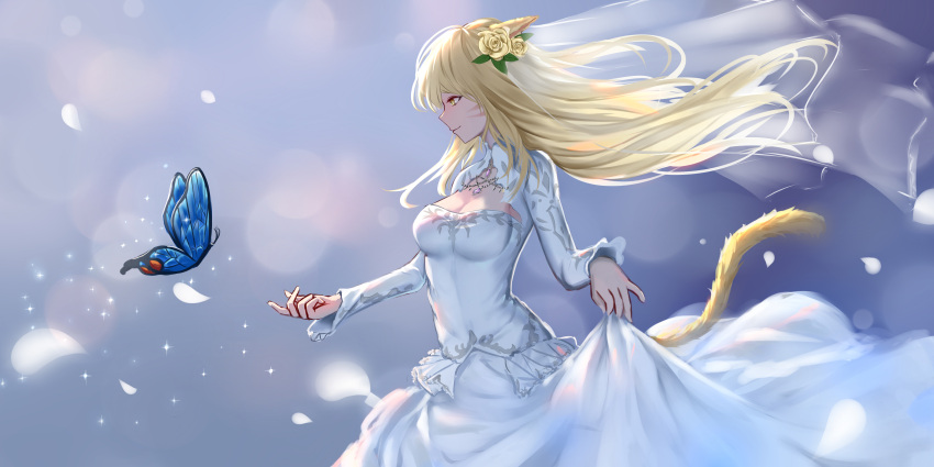 1girl absurdres animal_ears blonde_hair breasts bug butterfly cat_ears cat_tail character_request cleavage cleavage_cutout dress final_fantasy final_fantasy_xiv floating_hair flower from_side grey_background hair_flower hair_ornament highres huijin_zhi_ling insect large_breasts lens_flare long_dress long_hair long_sleeves profile rose skirt_hold solo standing tail very_long_hair wedding_dress white_dress yellow_eyes yellow_flower yellow_rose