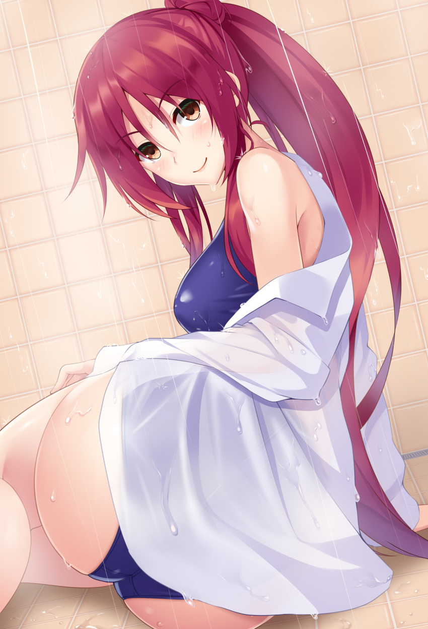 1girl absurdres arm_support ass bangs blue_swimsuit breasts brown_eyes closed_mouth collared_shirt eyebrows_visible_through_hair fanbox_reward from_behind hand_on_own_thigh highres huyumitsu indoors long_hair long_sleeves looking_at_viewer looking_back lying medium_breasts on_side one-piece_swimsuit original paid_reward ponytail redhead school_swimsuit see-through shirt showering single_bare_shoulder smile solo swimsuit swimsuit_under_clothes thighs tile_wall tiles undressing water wet wet_clothes wet_swimsuit white_shirt