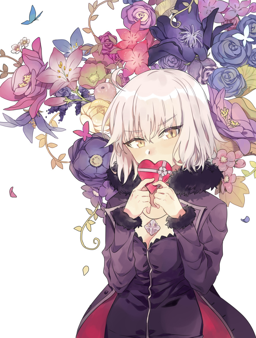 1girl absurdres ahoge black_jacket blue_flower blush breasts bug butterfly cleavage commentary_request eyebrows_visible_through_hair fate/grand_order fate_(series) flower fur_collar fur_trim heart highres holding holding_heart insect jacket jeanne_d'arc_(alter)_(fate) jeanne_d'arc_(fate)_(all) jewelry large_breasts looking_at_viewer necklace o0baijin0o pink_flower purple_flower red_flower rose short_hair silver_hair simple_background solo upper_body white_background yellow_eyes