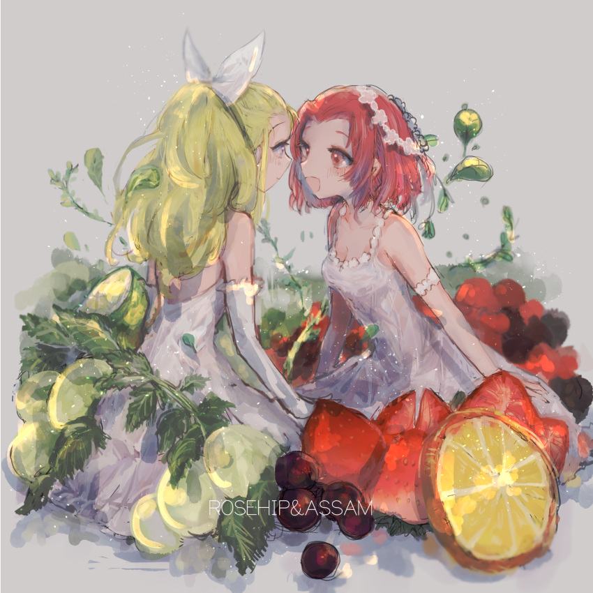 2girls 32_(rt_32_bbk) armlet assam blonde_hair blue_eyes blueberry breasts character_name cleavage closed_mouth dress elbow_gloves food formal fruit girls_und_panzer gloves grapes grey_background hair_pulled_back hair_ribbon head_wreath highres ivy leaf leaning_forward light_blush light_particles long_dress long_hair looking_at_another medium_breasts medium_hair minigirl multiple_girls open_mouth orange orange_slice ribbon rosehip sitting sketch smile spaghetti_strap strawberry sundress white_dress white_gloves white_ribbon