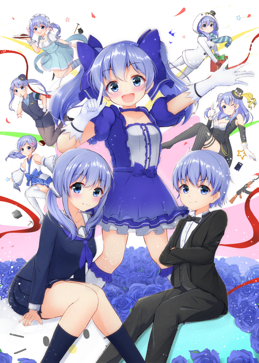 6+girls :3 :d ak-47 assault_rifle bangs bikini black_footwear black_headwear black_jacket black_neckwear black_pants black_sleeves blue_bikini blue_bow blue_dress blue_eyes blue_flower blue_hair blue_neckwear blue_rose blue_serafuku blue_shirt blue_skirt blue_vest blush bow bowtie box breasts brown_legwear brown_mittens card cleavage closed_mouth commentary_request crossed_arms detached_sleeves dice_hair_ornament dress dress_shirt eyebrows_visible_through_hair flower formal gift gift_box gloves grey_legwear grey_vest gun hair_between_eyes hair_bow hair_ornament hat highres holding holding_card holding_gift hood hood_up jacket japanese_clothes kimono kneehighs long_hair long_sleeves looking_at_viewer maid_headdress mini_hat mini_top_hat mittens multiple_girls navy_blue_legwear neckerchief nijisanji one_side_up open_mouth outstretched_arm pant_suit pants pantyhose puffy_short_sleeves puffy_sleeves ribbon-trimmed_sleeves ribbon_trim rifle rose sailor_collar school_uniform serafuku shirt shoes short_hair short_sleeves sitting skirt sleeveless sleeveless_kimono small_breasts smile snowman_costume standing star striped striped_legwear suit swimsuit thigh-highs tilted_headwear top_hat twintails uniform vertical-striped_legwear vertical_stripes vest virtual_youtuber waitress weapon white_gloves white_kimono white_legwear white_sailor_collar white_shirt white_sleeves wide_sleeves ymd_(holudoun) yuuki_chihiro
