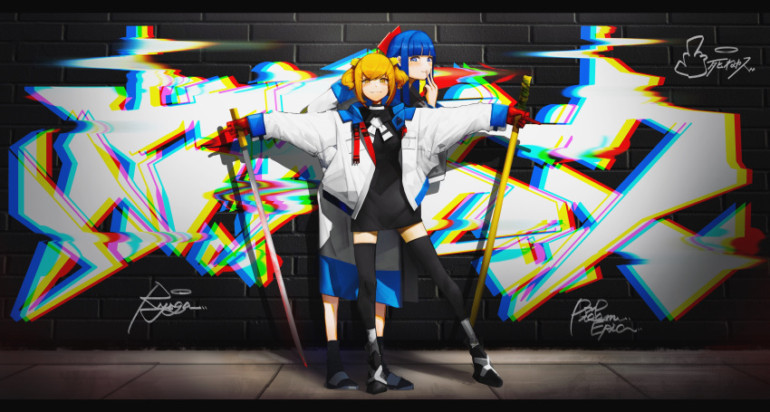 2girls absurdres bangs black_legwear blonde_hair blue_eyes blue_hair blunt_bangs bow chromatic_aberration double_middle_finger fashion gloves graffiti hair_bow highres hime_cut holding holding_sword holding_weapon jacket katana letterboxed looking_at_viewer middle_finger multiple_girls neckerchief open_clothes open_jacket pipimi poptepipic popuko red_bow red_gloves ryoga scabbard sheath shoes_removed sidelocks sword thigh-highs two_side_up weapon zettai_ryouiki