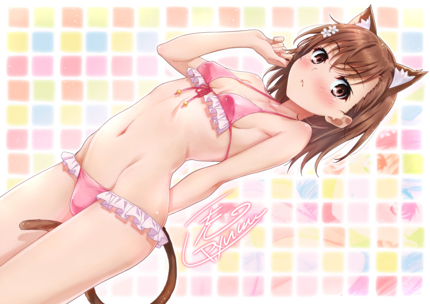 1girl :&lt; animal_ears arm_behind_back bangs bikini blush breasts brown_eyes brown_hair cat_ears cat_tail cleavage closed_mouth collarbone commentary_request eyebrows_visible_through_hair frilled_bikini frills front-tie_top hair_ornament hair_twirling hairpin looking_at_viewer misaka_mikoto navel pink_bikini puma_(hyuma1219) short_hair signature small_breasts solo spiky_hair swimsuit tail to_aru_kagaku_no_railgun to_aru_majutsu_no_index