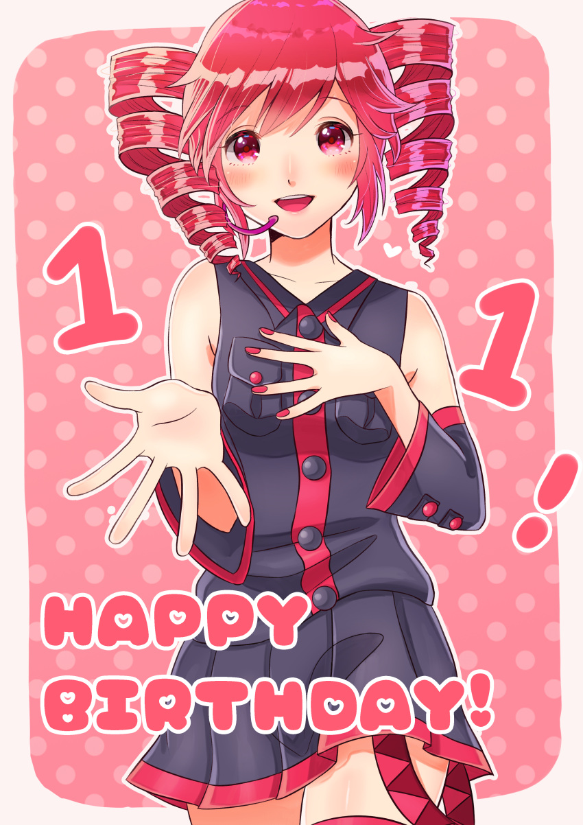 1girl absurdres bare_shoulders belt blush breast_pocket commentary detached_sleeves drill_hair hand_on_own_chest happy_birthday headset highres kasane_teto looking_at_viewer mmm_eee338 nail_polish open_hand outstretched_hand pocket polka_dot polka_dot_background red_eyes redhead shirt short_hair skirt sleeveless sleeveless_shirt smile solo twin_drills upper_body utau