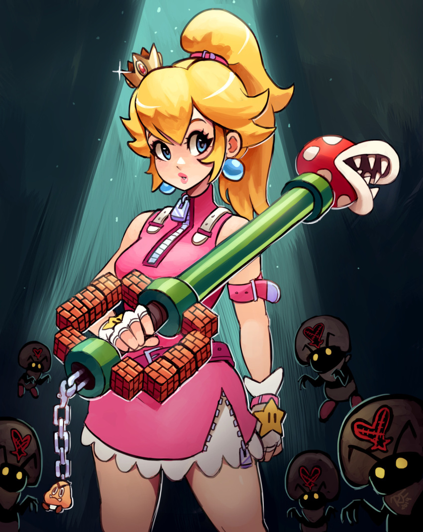 1girl belt blonde_hair blue_earrings blue_eyes breasts cowboy_shot dress earrings fingerless_gloves gloves goomba high_ponytail highres holding jewelry kingdom_hearts long_hair super_mario_bros. nintendo parody pink_belt pink_dress pipe piranha_plant ponytail princess_peach ravenousruss sleeveless sparkle spotlight super_mario_bros. toad white_gloves zipper zipper_pull_tab