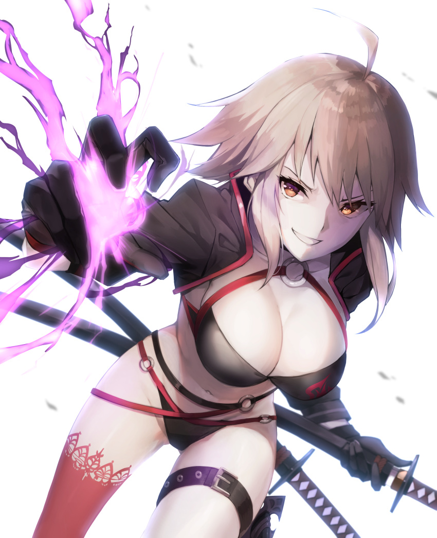 1girl absurdres asymmetrical_legwear bangs belt belt_buckle bikini black_belt black_bikini black_gloves black_jacket breasts brown_eyes buckle cleavage commentary_request eyebrows_visible_through_hair fate/grand_order fate_(series) ginopi gloves hair_bobbles hair_ornament highres jacket jeanne_d'arc_(alter_swimsuit_berserker) jeanne_d'arc_(fate)_(all) katana leg_belt light_brown_hair long_sleeves looking_at_viewer medium_breasts navel o-ring o-ring_bikini o-ring_bottom o-ring_top parted_lips red_legwear revision sheath sheathed shrug_(clothing) single_thighhigh smile solo swimsuit sword thigh-highs weapon white_background