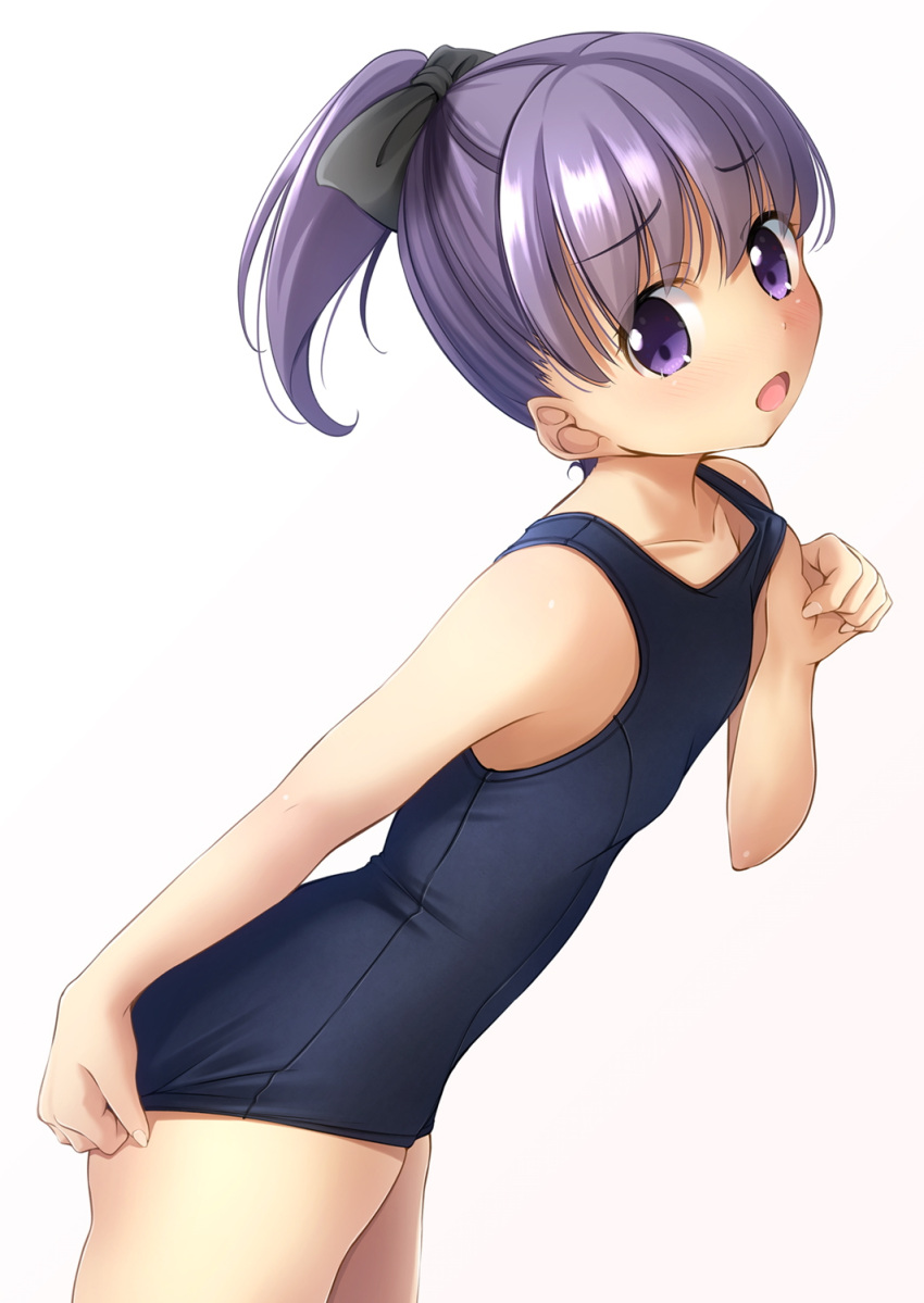 1girl :o bangs bare_arms bare_shoulders blue_swimsuit blush collarbone commentary_request eyebrows_visible_through_hair fingernails gradient gradient_background grey_background hair_between_eyes high_ponytail highres leaning_forward old_school_swimsuit one-piece_swimsuit open_mouth original ponytail purple_hair school_swimsuit shibacha solo swimsuit violet_eyes white_background