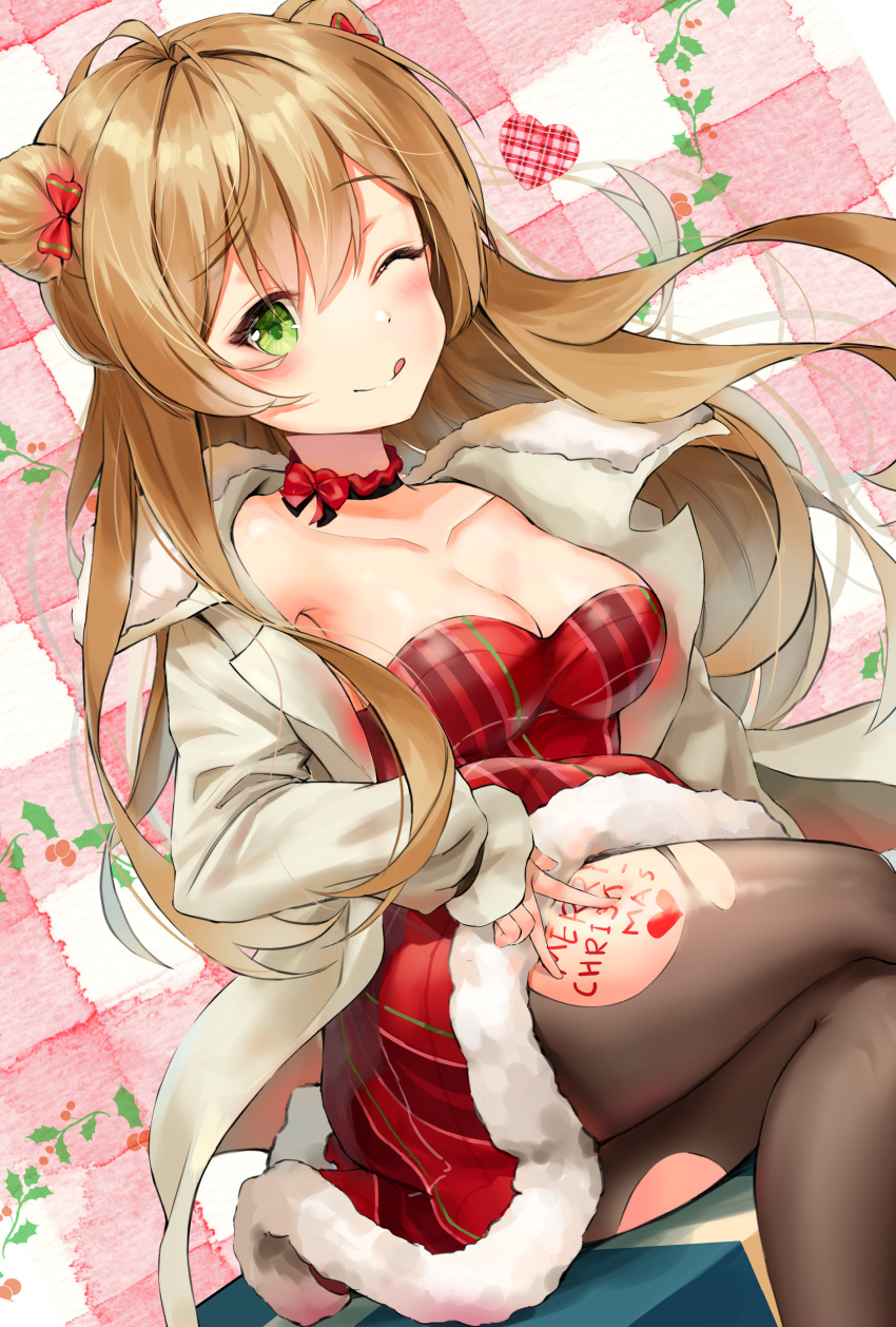 1girl absurdres bangs beige_jacket blush bow breasts brown_hair choker cleavage collarbone commentary dot_nose double_bun dress eyebrows_visible_through_hair fur-trimmed_dress fur_trim girls_frontline green_eyes hair_between_eyes hair_bow heart highres jacket kian long_hair long_sleeves looking_at_viewer merry_christmas one_eye_closed red_bow red_heart rfb_(girls_frontline) sitting smile solo tongue tongue_out torn_clothes torn_legwear