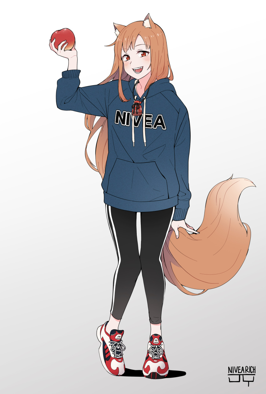 1girl absurdres animal_ears apple blush fang food fruit gluteal_fold highres holding holding_food holo hood hoodie jewelry long_hair necklace nivearich orange_hair pants pouch red_eyes shoes smile sneakers spice_and_wolf sweatpants tail wolf_ears wolf_girl wolf_tail