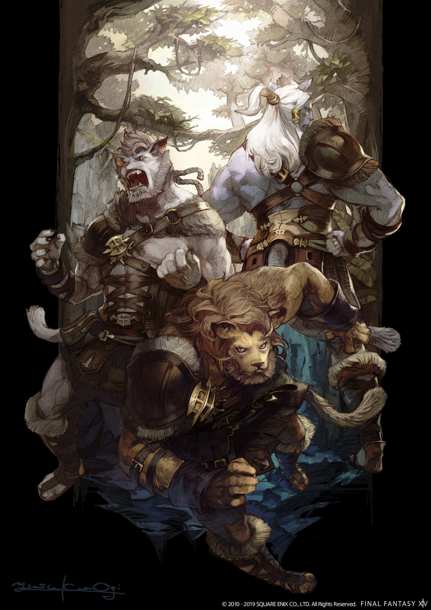3boys animal_ears armor beard belt brown_hair cat_ears cat_tail catboy claws facial_hair fangs final_fantasy final_fantasy_xiv fingerless_gloves furry gloves grey_hair highres horn hrothgar long_hair looking_at_viewer mane monster_boy multiple_boys official_art open_mouth ponytail shoulder_armor shoulder_pads signature slit_pupils tail tree watermark white_hair yellow_eyes