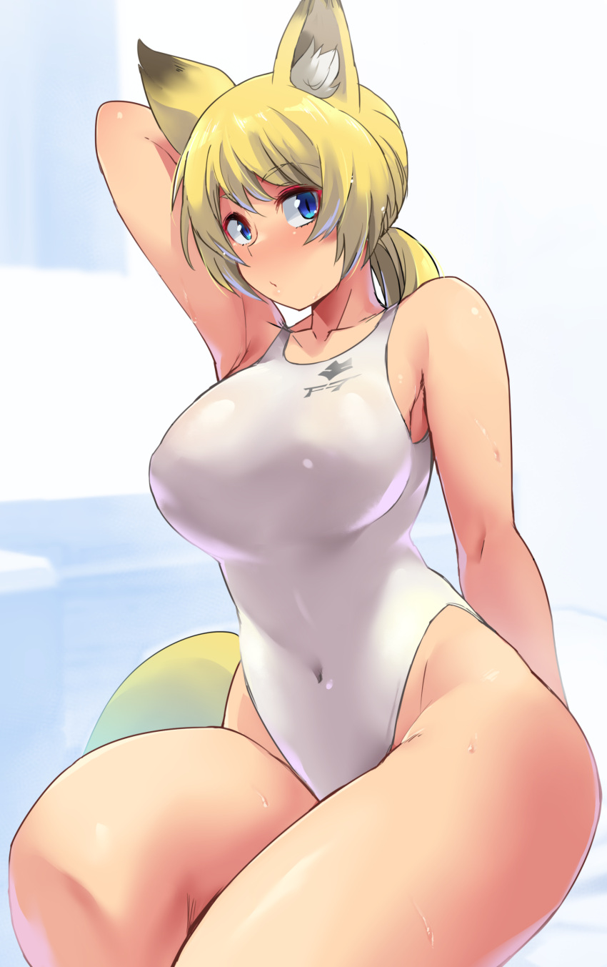 1girl absurdres animal_ear_fluff animal_ears arm_up blonde_hair blue_eyes blush breasts commentary_request covered_navel fox_ears highleg highleg_swimsuit highres large_breasts looking_at_viewer minakami_(flyingman555) one-piece_swimsuit original ponytail sitting solo sweat swimsuit thighs white_swimsuit