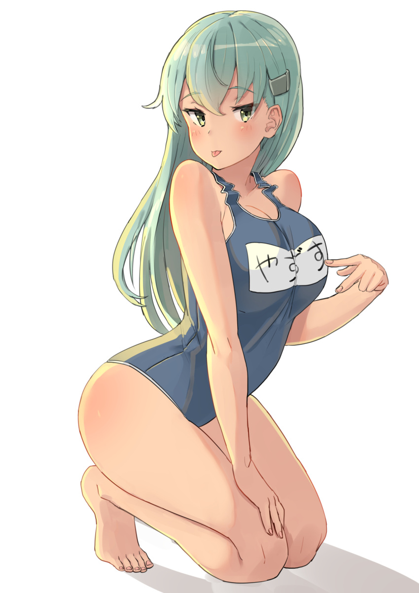 1girl :p aqua_hair bangs barefoot blue_swimsuit body_blush breasts character_name cleavage closed_mouth commentary_request earrings eyebrows_visible_through_hair from_side full_body grey_eyes hair_ornament hairclip hand_on_own_thigh highres jewelry kantai_collection kneeling large_breasts leaning_forward long_hair looking_at_viewer looking_to_the_side name_tag new_school_swimsuit one-piece_swimsuit parted_bangs school_swimsuit shadow simple_background sketch solo soushou_nin straight_hair stud_earrings suzuya_(kantai_collection) swimsuit thighs toes tongue tongue_out v white_background