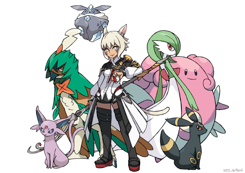 1girl absurdres animal_ear_fluff animal_ears arm_at_side black_eyes blissey blonde_hair blue_eyes boots bright_pupils carbink closed_mouth coat creatures_(company) crossover decidueye espeon facial_mark final_fantasy final_fantasy_xiv floating full_body game_freak gardevoir gen_2_pokemon gen_3_pokemon gen_6_pokemon gen_7_pokemon grey_eyes haimerejzero hand_up highres holding holding_poke_ball holding_staff holding_wand lips long_sleeves looking_at_viewer miqo'te nintendo overcoat platinum_blonde_hair poke_ball poke_ball_(generic) pokemon pokemon_(creature) purple_sclera red_eyes red_sclera short_hair shorts sideways_glance simple_background slit_pupils smile staff standing tail thigh-highs thigh_boots umbreon wand watermark white_background white_pupils y'shtola_rhul