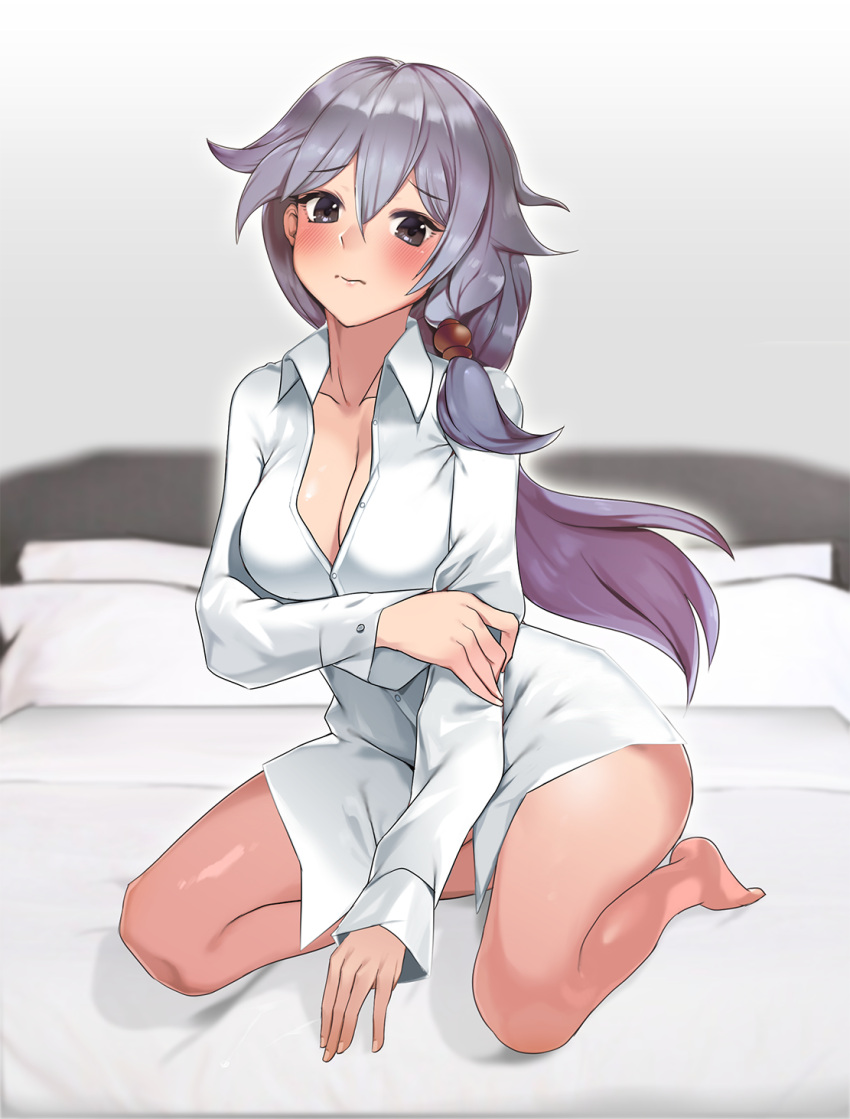1girl bare_legs blue_hair blush bottomless breasts brown_eyes buttons cleavage embarrassed eyebrows_visible_through_hair fu_hua gimnang hair_between_eyes highres honkai_(series) honkai_impact_3 large_breasts long_hair long_sleeves looking_at_viewer on_bed open_clothes open_shirt partially_unbuttoned pillow shirt sitting solo wavy_mouth white_shirt