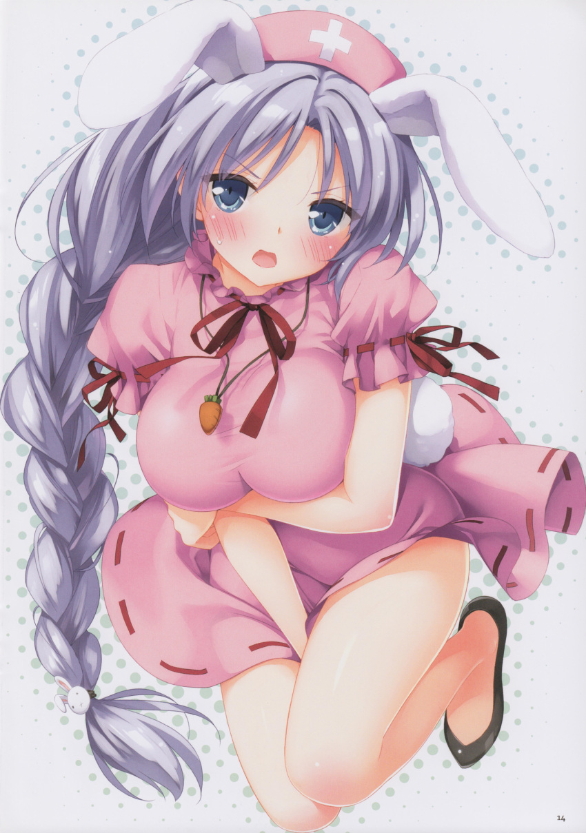 1girl animal_ears arm_ribbon bangs bare_legs between_legs black_footwear blue_eyes blush braid breast_hold breasts bunny_tail carrot carrot_necklace cosplay d: dress eyebrows_visible_through_hair full_body grey_background hair_ornament hand_between_legs hat head_tilt highres inaba_tewi inaba_tewi_(cosplay) jewelry kemonomimi_mode large_breasts legs long_braid long_hair looking_at_viewer neck_ribbon necklace no_socks nurse_cap open_mouth page_number peko pendant puffy_short_sleeves puffy_sleeves rabbit_ears red_neckwear red_ribbon ribbon ribbon-trimmed_dress scan shoes short_dress short_sleeves silver_hair simple_background single_braid solo sweat tail thighs touhou v-shaped_eyebrows very_long_hair yagokoro_eirin