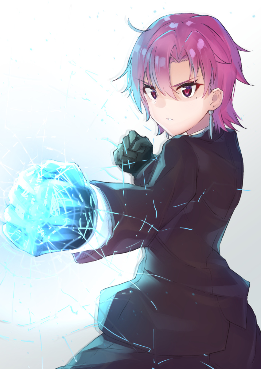 1girl bazett_fraga_mcremitz black_gloves black_jacket black_pants clenched_hands earrings eyebrows_visible_through_hair fate/hollow_ataraxia fate_(series) formal gloves hair_between_eyes hair_intakes highres jacket jewelry long_sleeves mole mole_under_eye outstretched_arm pants purple_hair red_eyes shiny shiny_hair short_hair simple_background sketch solo stance standing tapioka_(oekakitapioka) v-shaped_eyebrows white_background