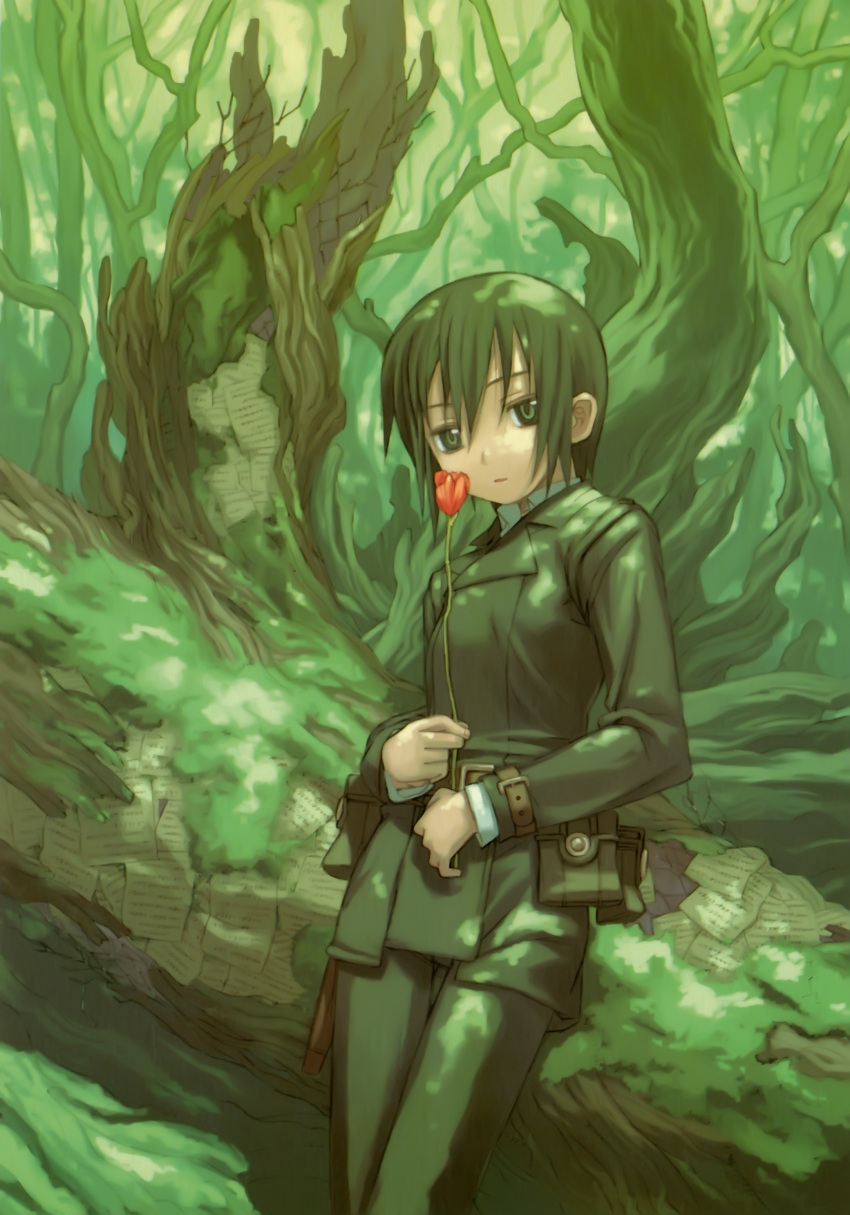1girl absurdres androgynous arm_belt bangs belt belt_pouch black_pants breasts collared_jacket collared_shirt day expressionless flower forest green_eyes green_hair green_jacket green_pants hair_between_eyes highres holding holding_flower holster jacket kino kino_no_tabi kuroboshi_kouhaku leaning_back leaning_on_object leather leather_jacket leather_pants long_sleeves looking_at_viewer nature outdoors pants paper parted_lips pouch red_flower rose shirt short_hair small_breasts solo standing tomboy tree white_shirt