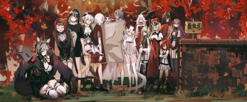 6+girls animal_ears autumn_leaves black_cat black_footwear black_hair breasts cape cat cleavage closed_eyes covered_navel crossed_arms dress ekurerutoaru eye_contact facing_viewer fox_ears fox_tail garter_straps grey_hair hat highres infukun leaning_forward lily_(pixiv_fantasia_last_saga) looking_at_another looking_back map midriff monocle multiple_girls myufrae navel pixiv_fantasia pixiv_fantasia_last_saga purple_hair red_cape red_dress red_headwear redhead short_hair sign signature sitting skirt small_breasts standing tail tree twintails white_hair white_skirt